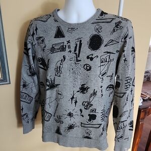 Jack and Jones Sz L  Black Abstract Print Gray Crewneck Sweater